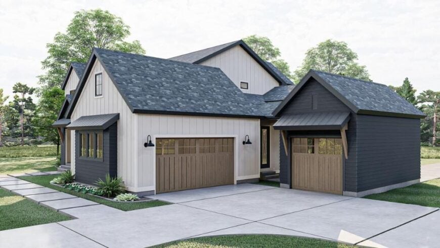 Right rendering with metal awnings and multiple garages enclosed in wooden glazed doors.
