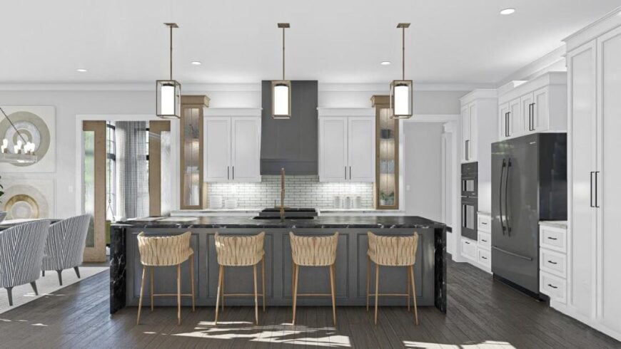 The kitchen is equipped with slate appliances, white cabinetry, and a large breakfast island lined with contemporary bar stools and cylindrical pendants.