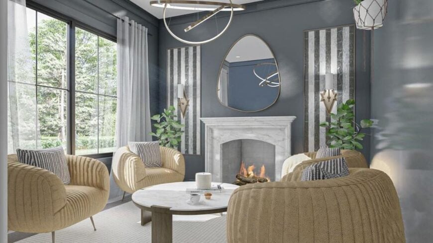 The living room offers a fireplace and comfy round back chairs paired with a round coffee table.