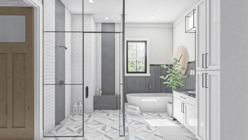 A walk-in shower with chrome fixtures, white subway tiled walls, and a built-in herringbone bench completes the primary bathroom.