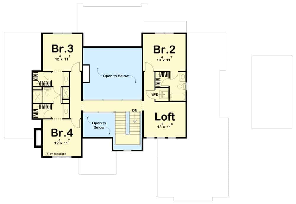 Second level floor plan with three bedrooms, two baths, and a loft.