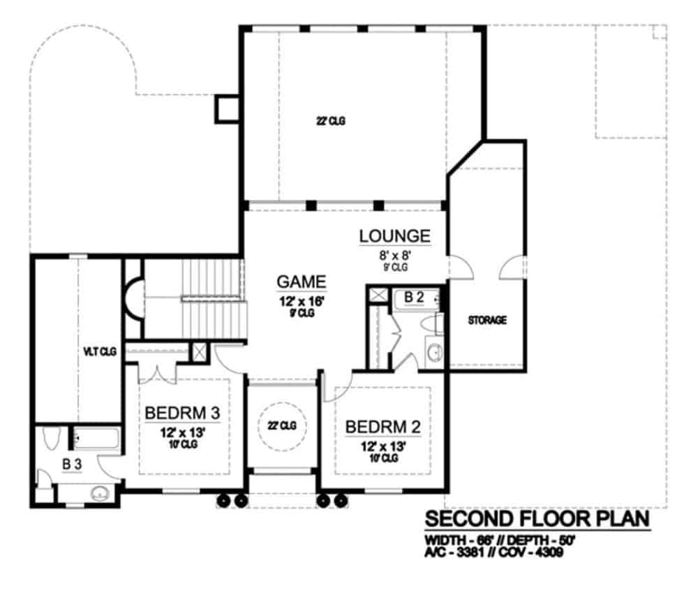 Second level floor plan with two bedroom suites and a game room with lounge area.