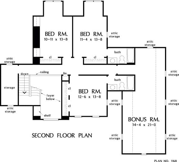 Second level floor plan with three bedrooms, two baths, and a large bonus room.
