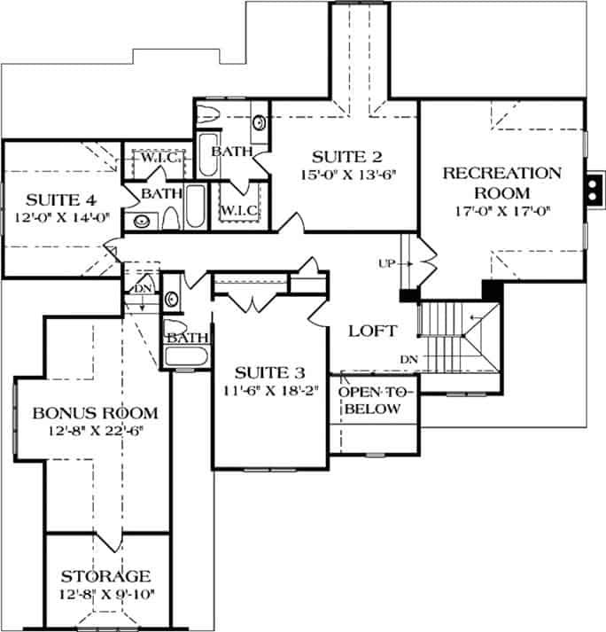 Second level floor plan with three bedroom suites, a bonus room, recreation room, and a loft overlooking the foyer below.