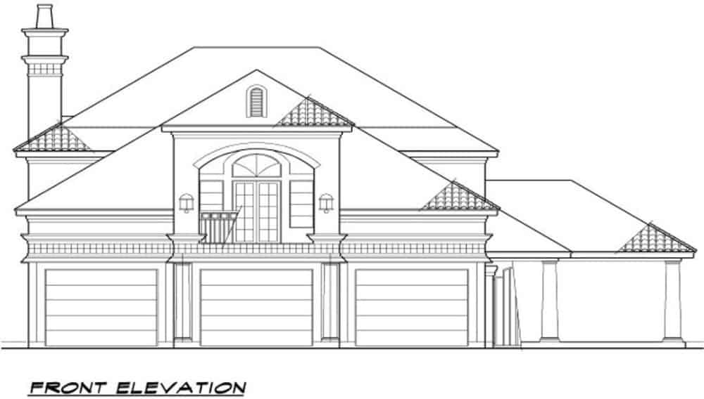 Front elevation sketch of the 2-bedroom two-story Mediterranean home.