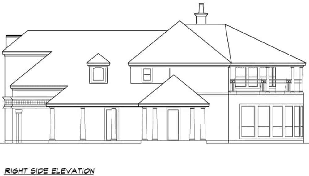 Right elevation sketch of the 2-bedroom two-story Mediterranean home.