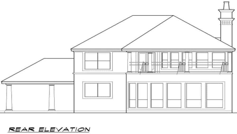 Rear elevation sketch of the 2-bedroom two-story Mediterranean home.