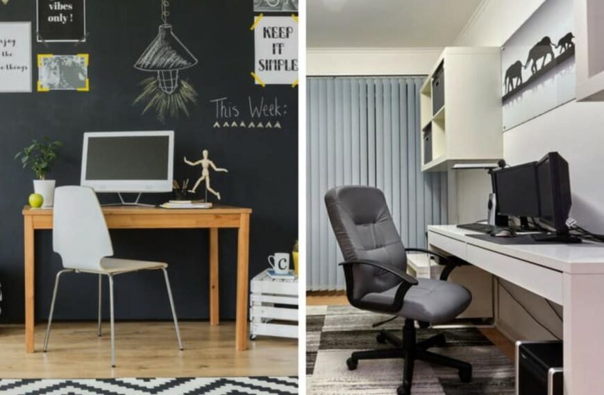 Photo collage of desk and table.