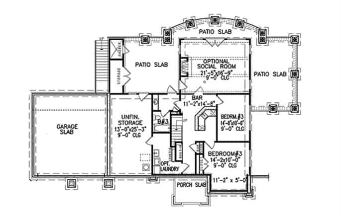Lower level floor plan with two bedrooms, laundry room, a large bar, and a social room that opens to the patio.