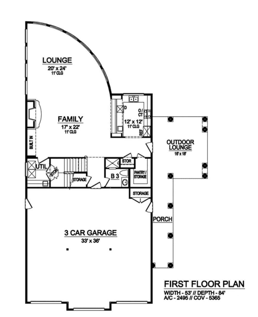 Main level floor plan of a 2-bedroom two-story Mediterranean home with family room, dining area, kitchen, lounge area, and expansive outdoor space.