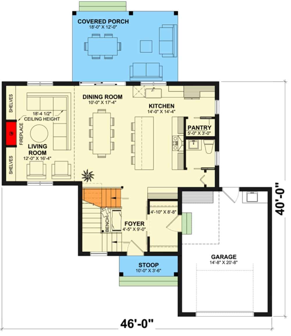 Main level floor plan of a modern two-story 3-bedroom farmhouse with foyer, living room, dining room, kitchen, and a mudroom leading to the single garage.