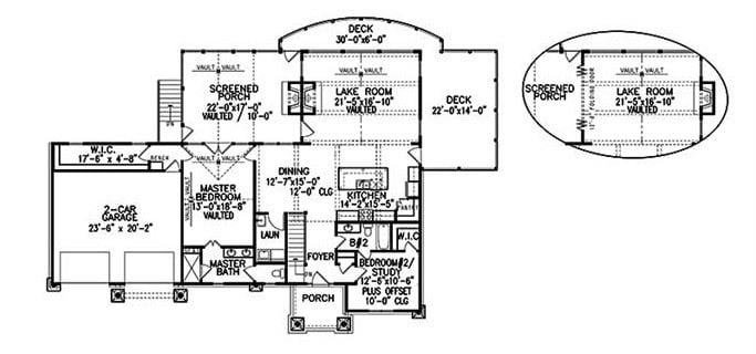 Main level floor plan of a single-story 3-bedroom cottage style home with foyer, living room, kitchen, dining area, primary bedroom, primary bedroom, guest room/study, and plenty of outdoor space.