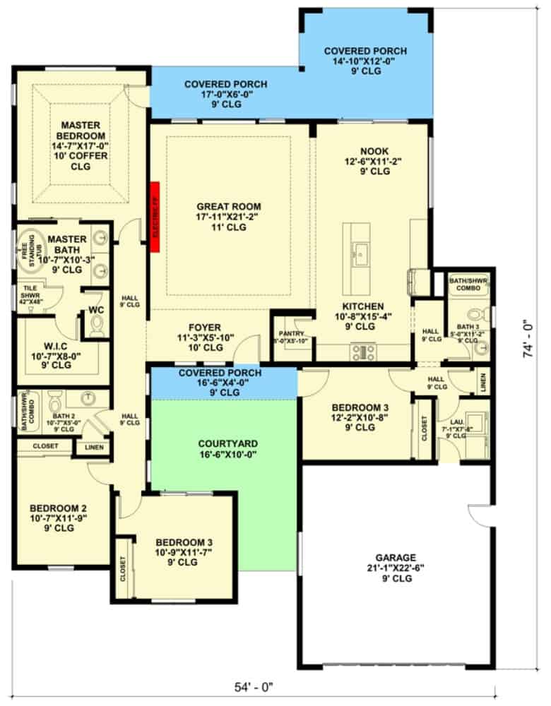 Main level floor plan of a single-story 4-bedroom Southwest ranch with foyer, great room, kitchen, breakfast nook, laundry leading to the garage, and plenty of outdoor space.