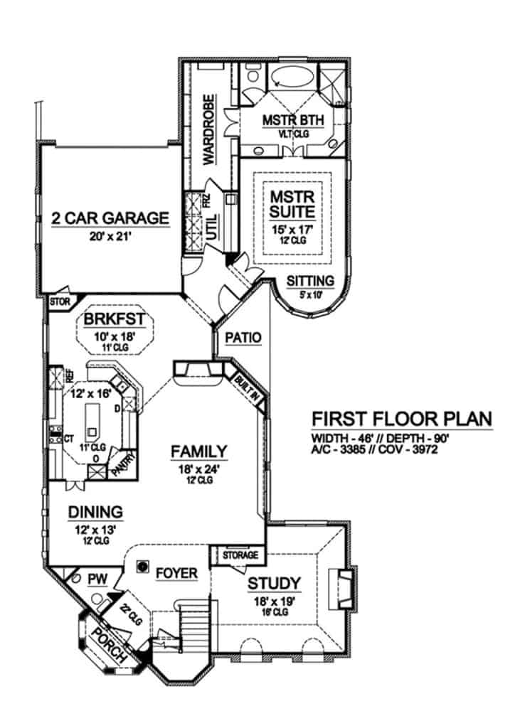 Main level floor plan of a two-story 3-bedroom European style brick home with foyer, dining room, family room, kitchen, breakfast nook, study, primary suite, and a rear garage.