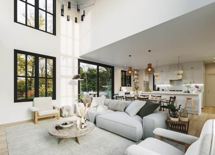 Clerestory windows along with sliding glass doors bring in ample natural light.