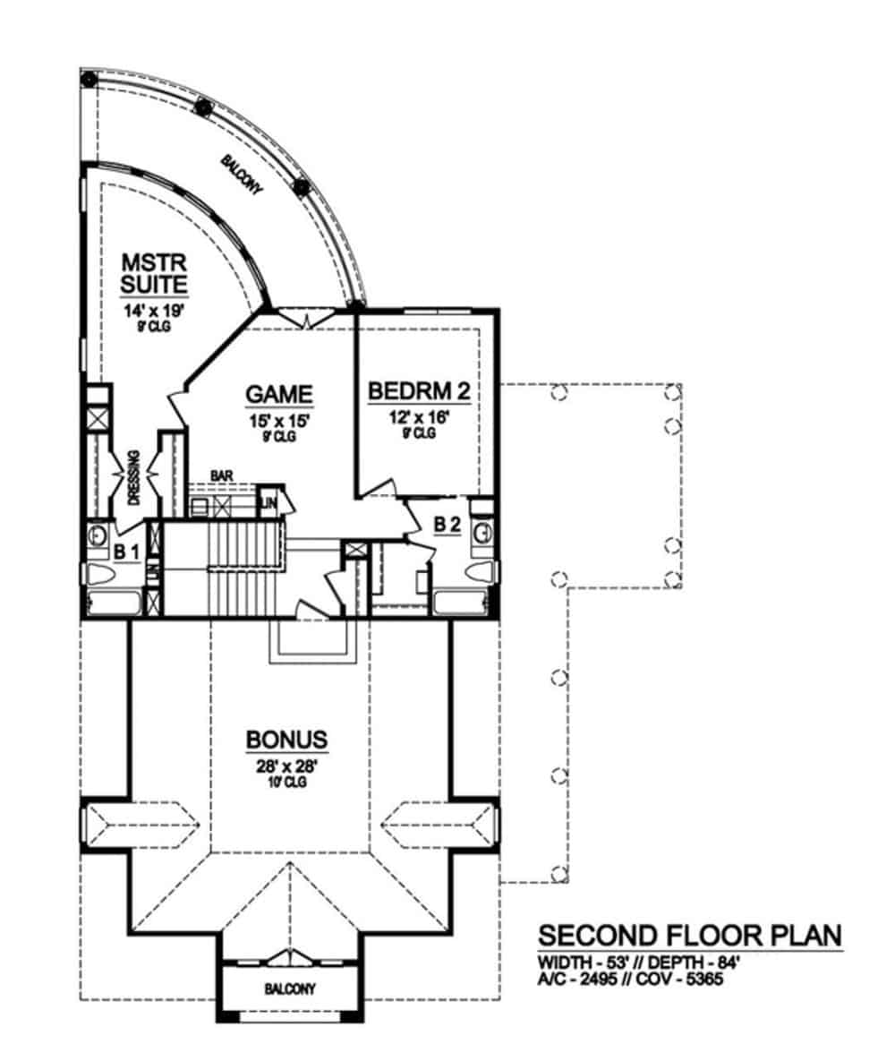 Second level floor plan with two bedrooms, a bonus room, and a game room with bar and balcony.