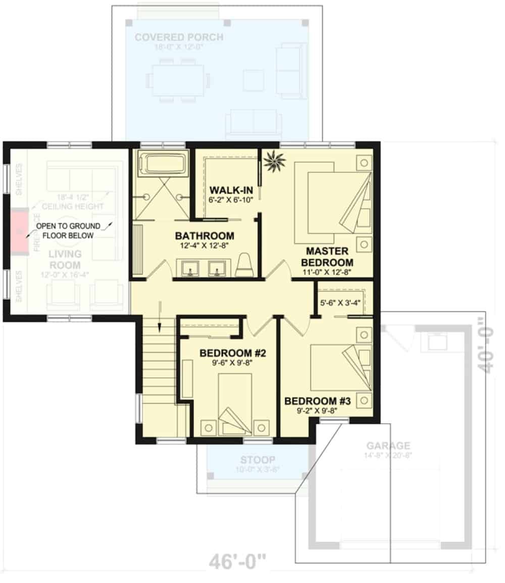 Second level floor plan with three bedrooms and a 5-fixture bath.