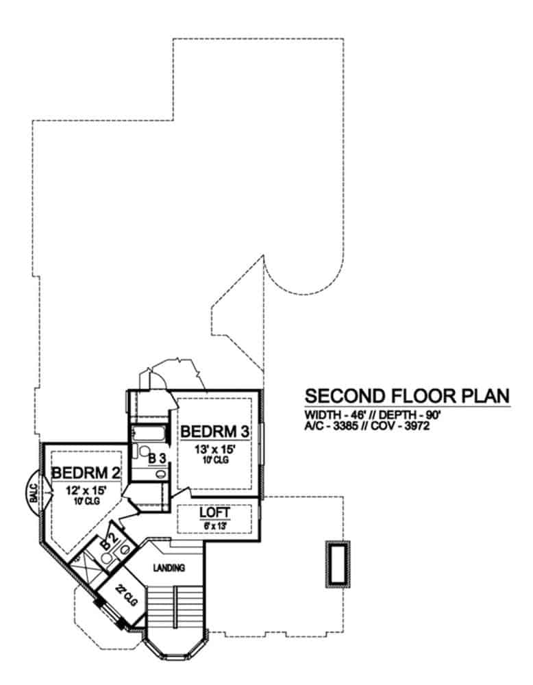 Second level floor plan with two bedroom suites and a loft.