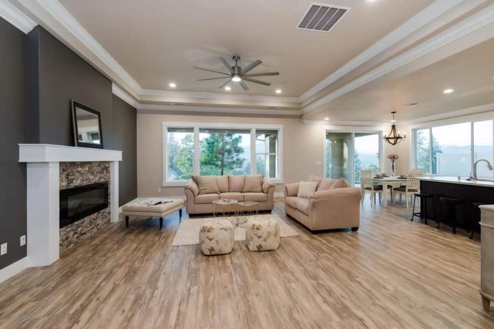 The great room opens completely to the kitchen and dining area.