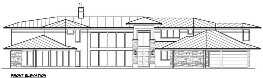 Front elevation sketch of the two-story 3-bedroom European style brick home.
