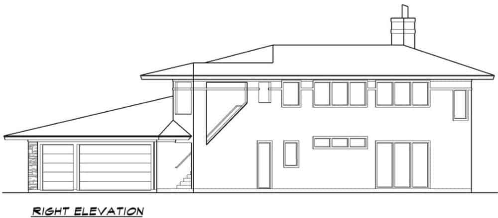 Right elevation sketch of the two-story 3-bedroom European style brick home.