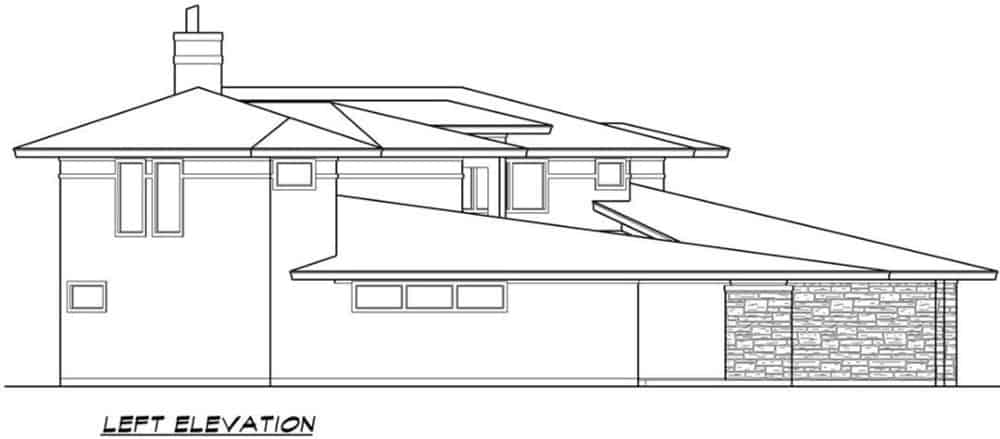 Left elevation sketch of the two-story 3-bedroom European style brick home.