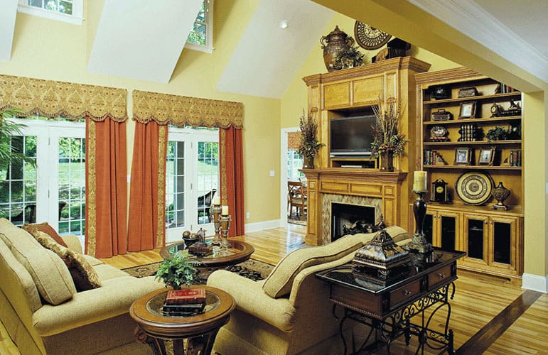 French doors off the great room open out to the rear covered porch.