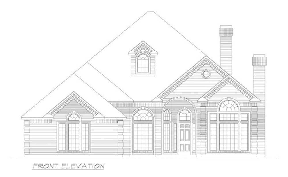Front elevation sketch of the 3-bedroom single-story colonial home.