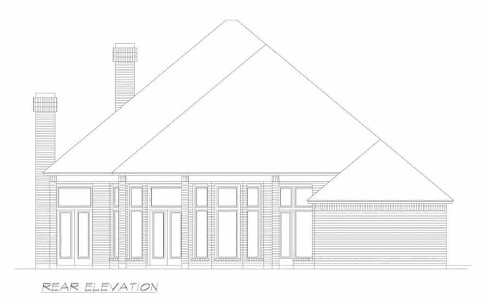 Rear elevation sketch of the 3-bedroom single-story colonial home.