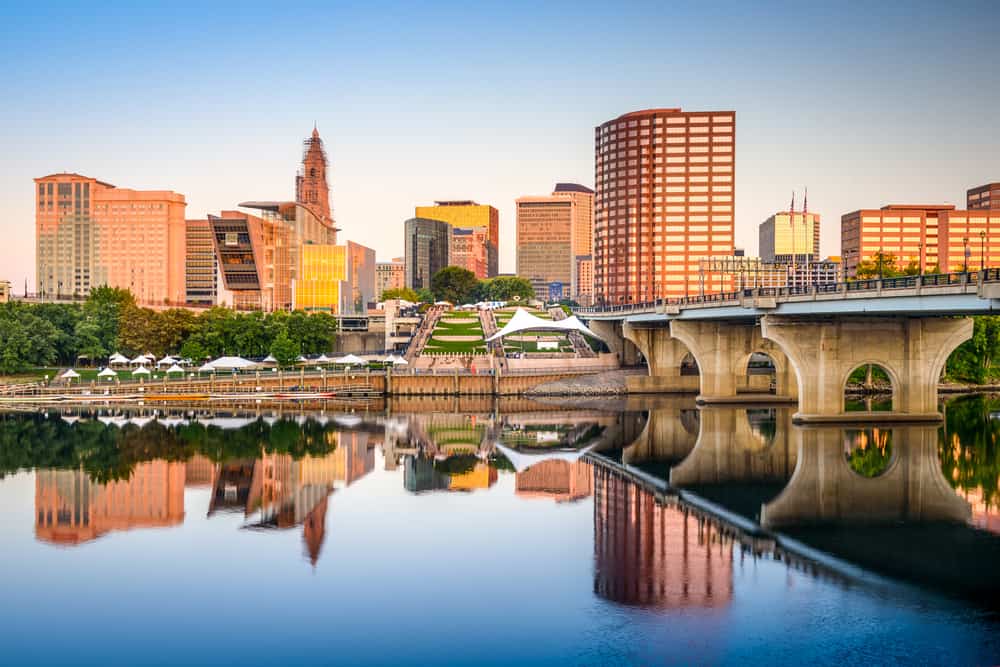 Downtown city skyline on the river in Hartford, Connecticut.