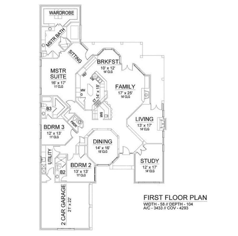 Main level floor plan of a 3-bedroom single-story colonial home with family room, living room, dining room, kitchen, breakfast nook, study, and utility room that opens to the double garage.