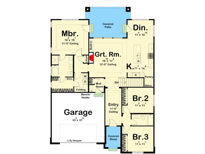 Main level floor plan of the single-story 3-bedroom New American home.