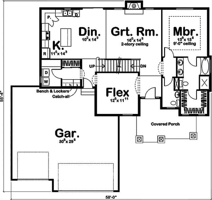 Main level floor plan of a traditional 3-bedroom two-story craftsman home with flex room, great room, dining area, kitchen, primary suite, and laundry that leads to the garage.