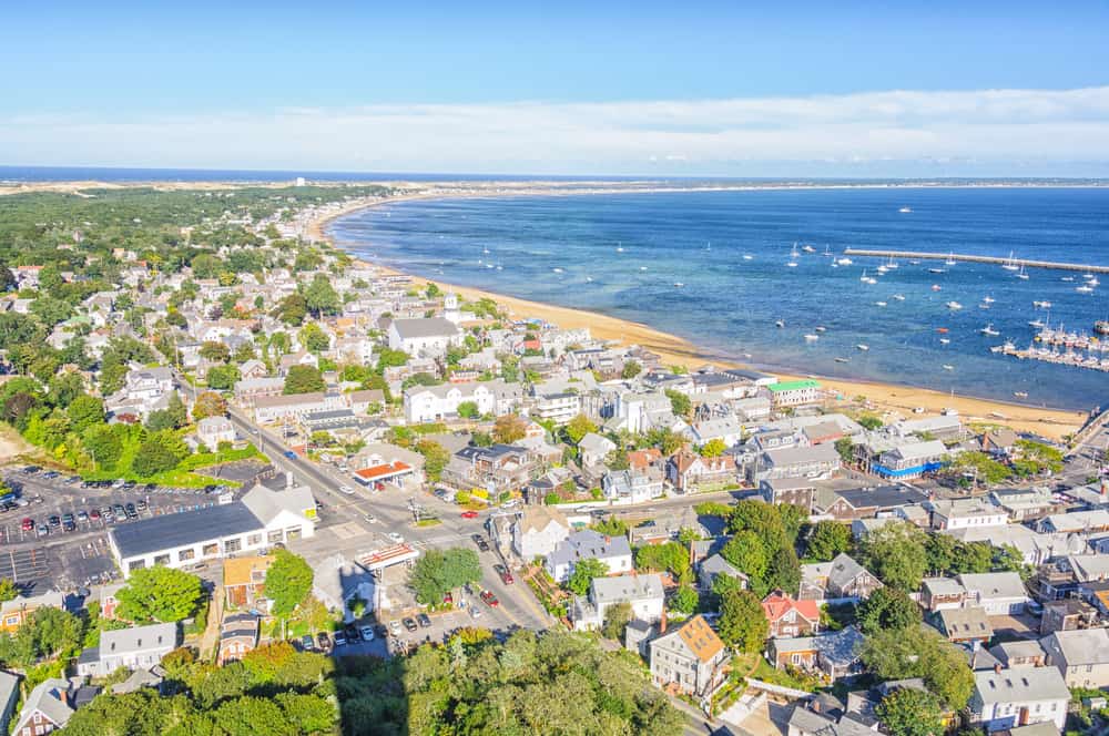 Aerial view of the town and seascape in Newport, Rhode Island.