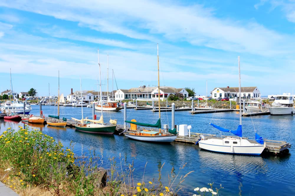 Downtown marina with boats and historical buildings in Port Townsend, Washington.