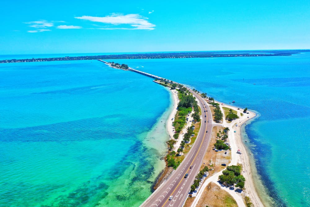 Aerial view of road to Sanibel Island, Florida.