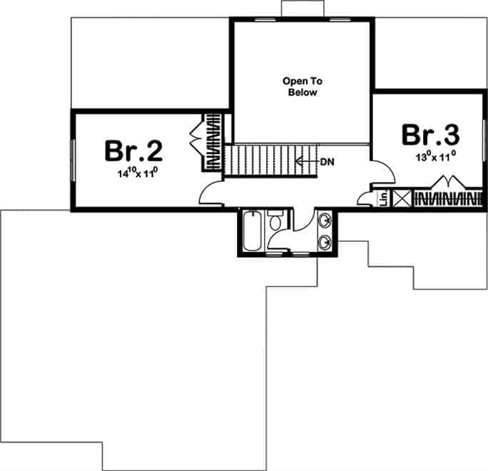 Second level floor plan with two bedrooms sharing a centrally located bathroom.