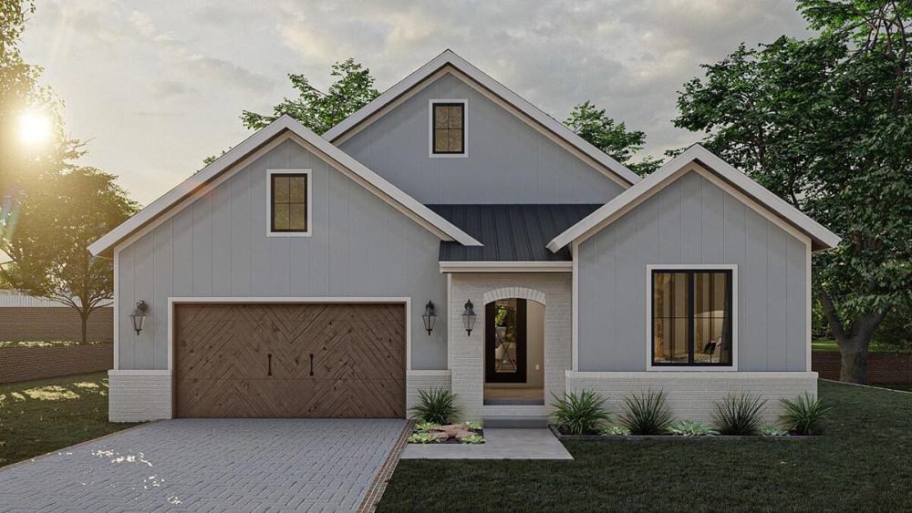 Front rendering with a warm ambiance of the sunset complementing the home's classic exterior.