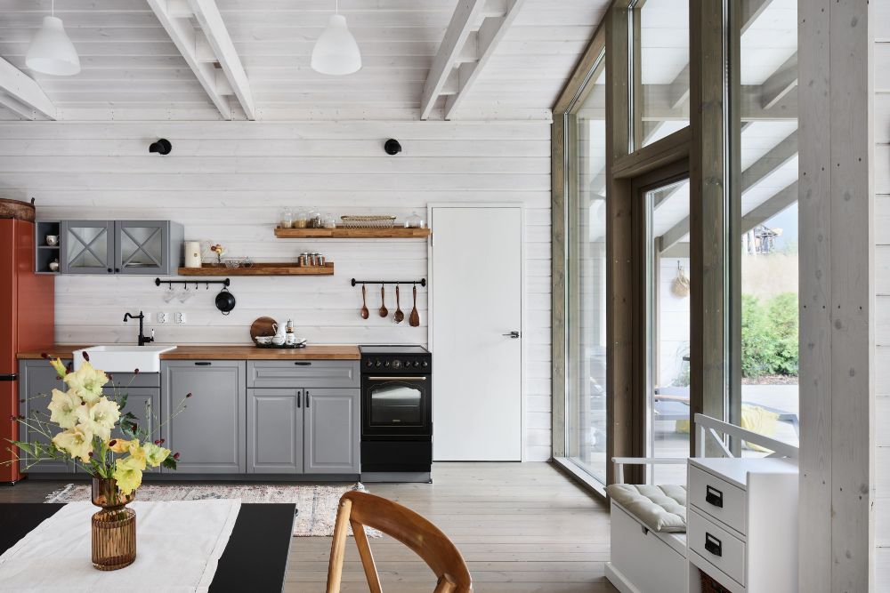 Modular house on slope kitchen area.