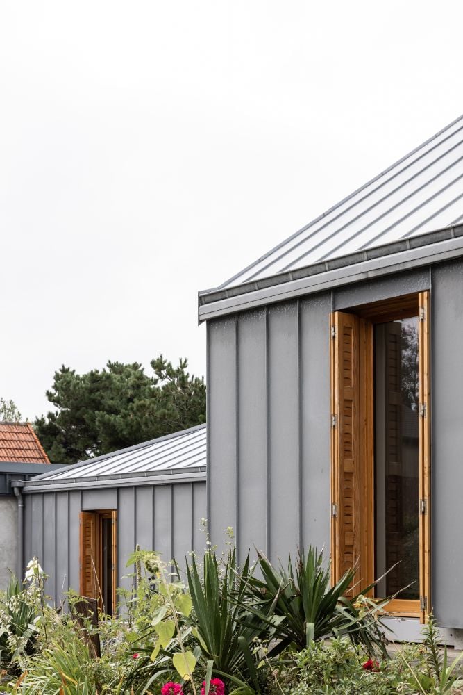Zinc cladding and roofing house with folding main door and ornamental plants in front.