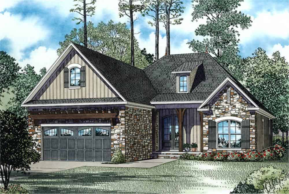 Front rendering of the 3-bedroom single-story country home.