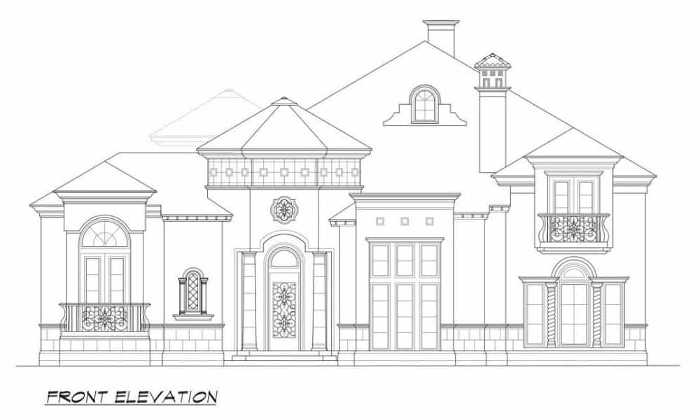 Front elevation sketch of the 4-bedroom Mediterranean style two-story home.