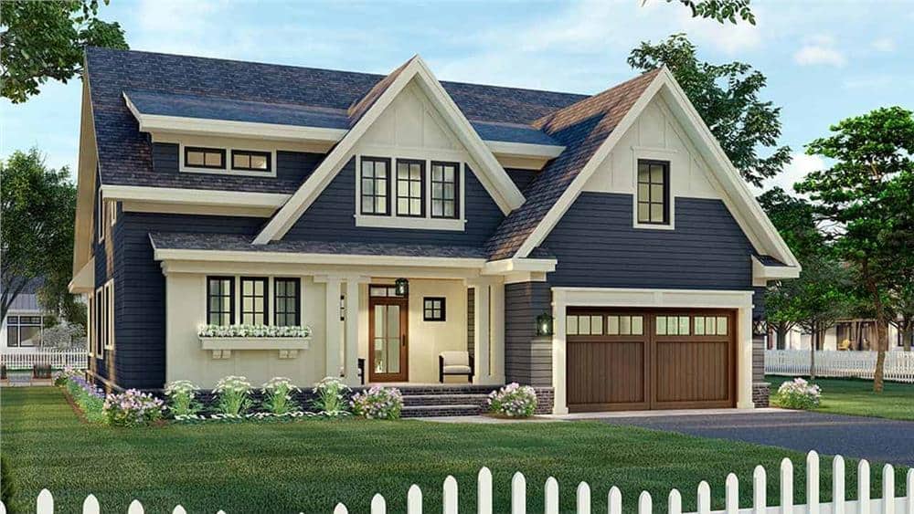 Front rendering showcasing its gable rooflines, shed dormers, and a covered entry porch lined with double columns.