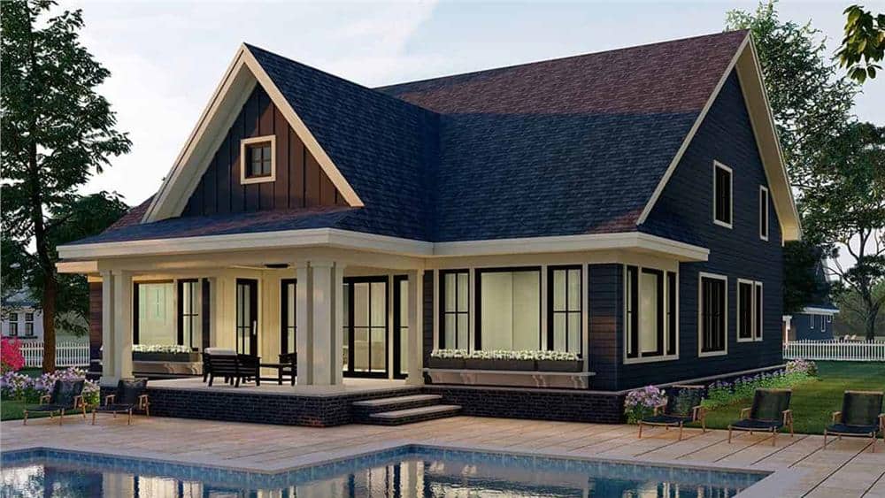 Rear-left rendering with tons of windows and a pool deck complemented with wooden loungers.