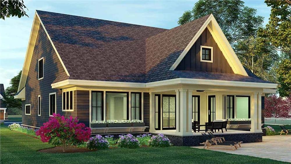 Rear-right rendering featuring its covered porch furnished with cushioned wicker chairs.