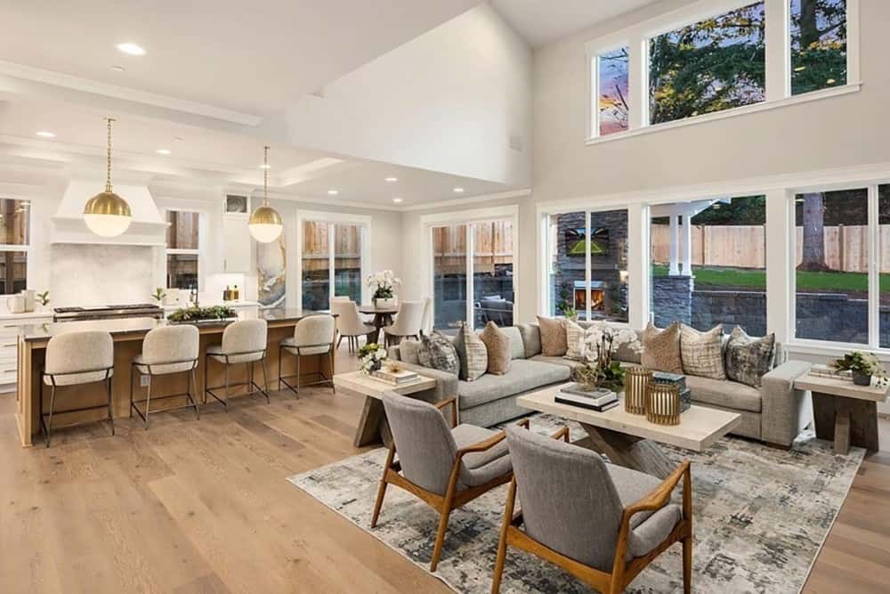 The great room opens completely into the kitchen and breakfast nook.