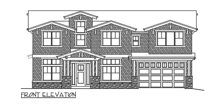 Front elevation sketch of the 5-bedroom Northwest two-story craftsman home.