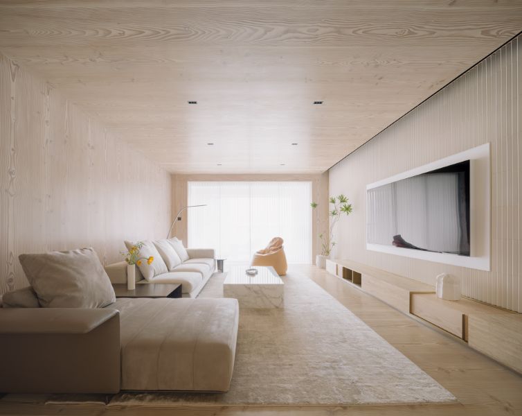 Urban cottage living area in front of television.