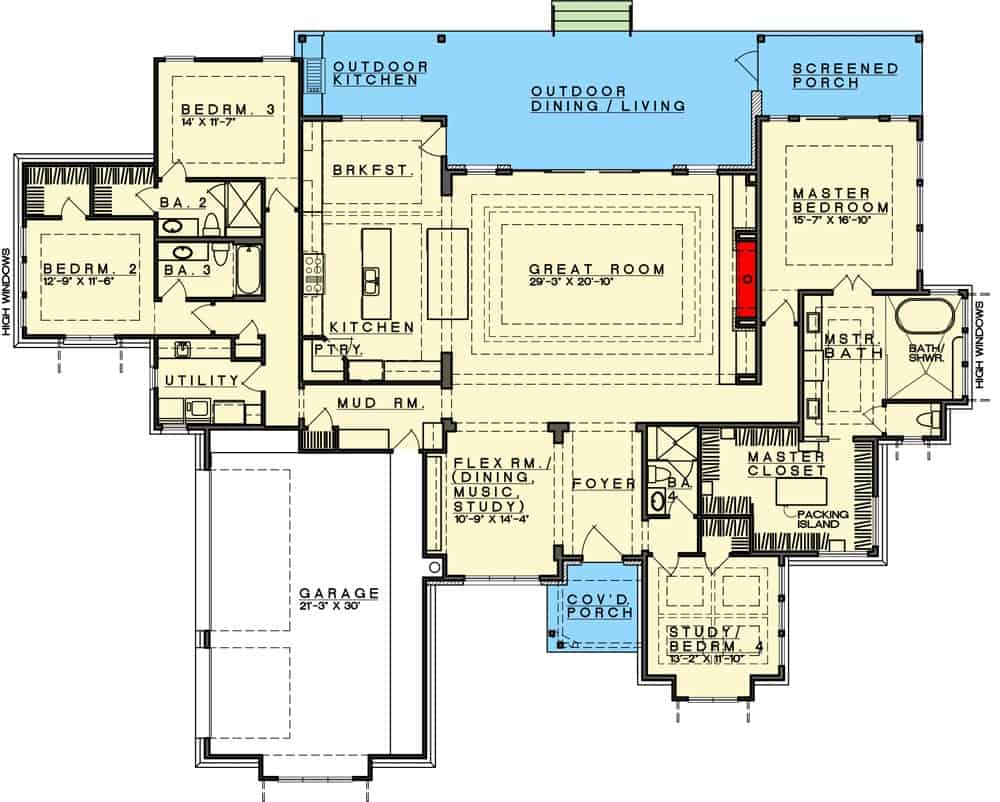 Main level floor plan of a 4-bedroom contemporary style single-story ranch with foyer, flex room, great room, kitchen, breakfast nook, study, mudroom leading to the garage, and plenty of outdoor space.