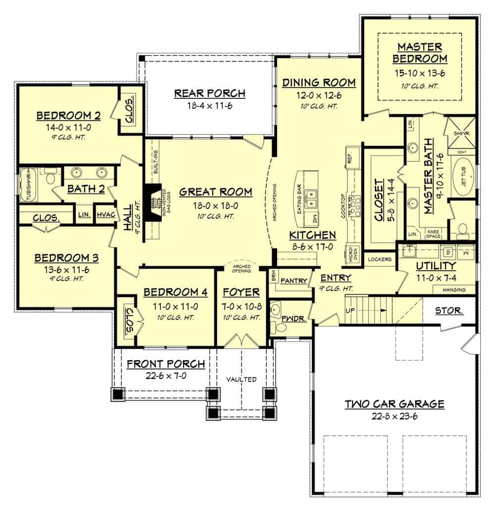 Main level floor plan of a 4-bedroom craftsman style single-story home with foyer, great room, kitchen, dining area, utility, and mudroom leading to the garage.